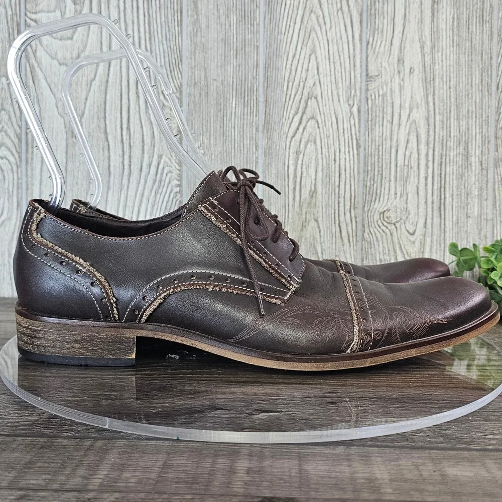 T2[in] Leather Oxford Dress Shoes Men's 45 Engraved‎ Design Frayed Stitch Spain